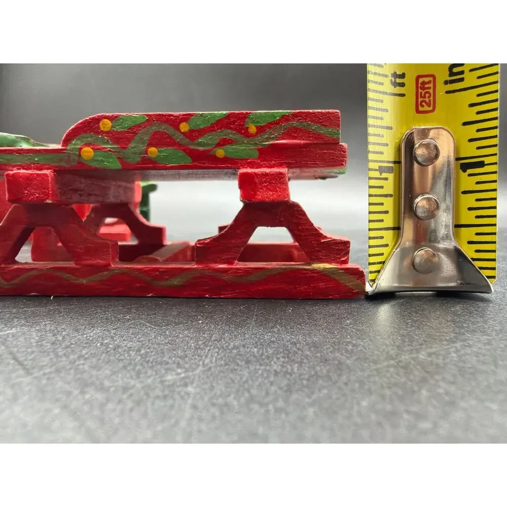 Vintage Miniature Wood Sled Christmas Ornaments Pair Hand Painted Red Green 4”